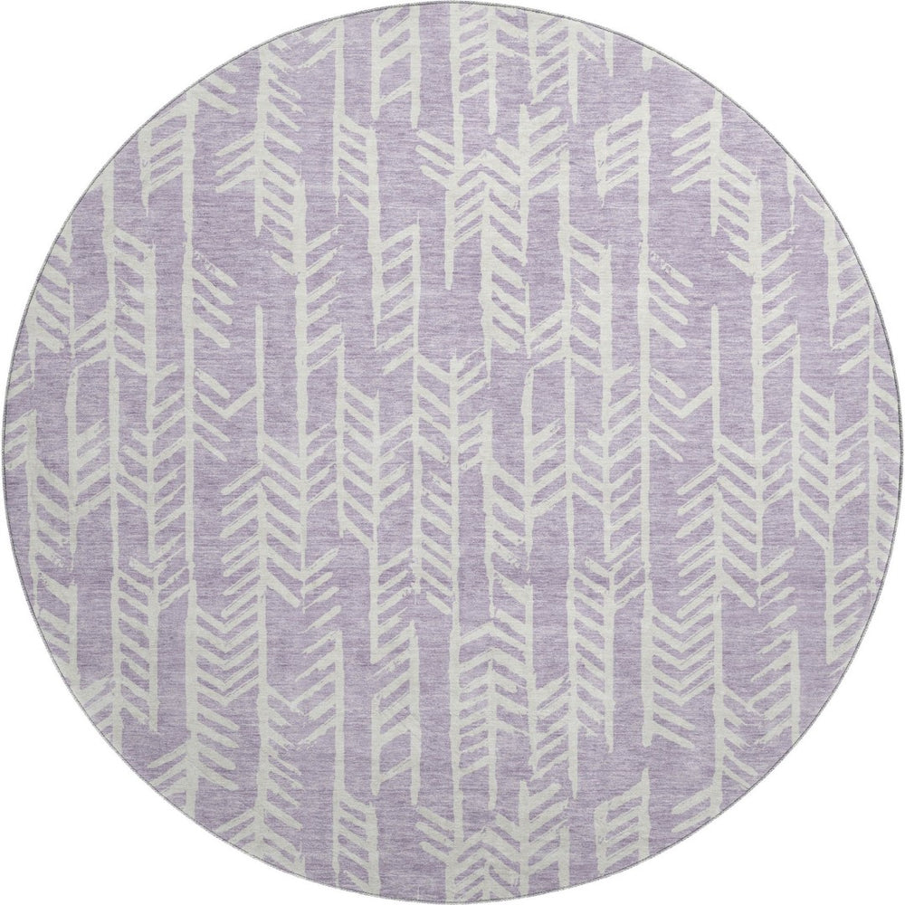HomeRoots 8' Lavender and Ivory Tribal Round Rug - Washable, UV-Protected, Perfect for Homes with Kids & Pets 672065