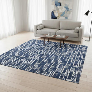 HomeRoots 5' X 8' Navy Blue & Ivory Tribal Area Rug - Washable, UV-Protected, Durable for Kids & Pets 672070