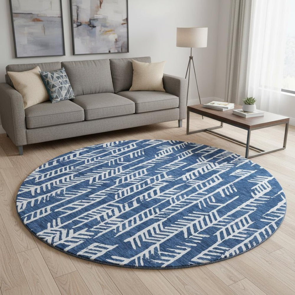 HomeRoots 8' Navy Blue Round Tribal Rug - Washable, UV Protected, Durable Design Perfect for Any Space 672071