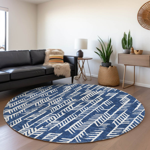 HomeRoots 8' Navy Blue Round Tribal Rug - Washable, UV Protected, Durable Design Perfect for Any Space 672071