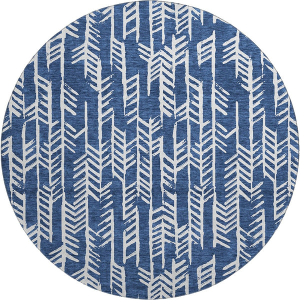 HomeRoots 8' Navy Blue Round Tribal Rug - Washable, UV Protected, Durable Design Perfect for Any Space 672071