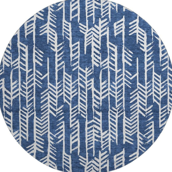 HomeRoots 8' Navy Blue Round Tribal Rug - Washable, UV Protected, Durable Design Perfect for Any Space 672071