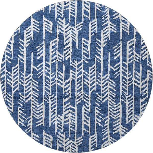 HomeRoots 8' Navy Blue Round Tribal Rug - Washable, UV Protected, Durable Design Perfect for Any Space 672071