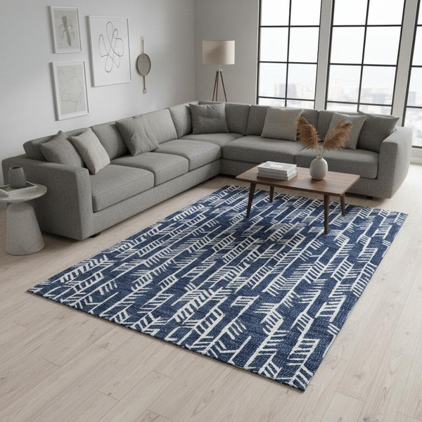 HomeRoots 9' X 12' Navy Blue and Ivory Tribal Area Rug - Durable, Washable, UV-Protected for High-Traffic Spaces 672073