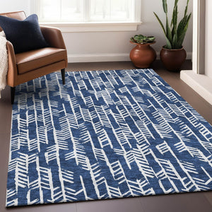 HomeRoots 9' X 12' Navy Blue and Ivory Tribal Area Rug - Durable, Washable, UV-Protected for High-Traffic Spaces 672073