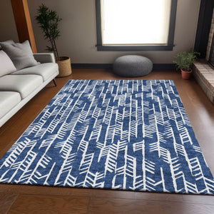 HomeRoots 9' X 12' Navy Blue and Ivory Tribal Area Rug - Durable, Washable, UV-Protected for High-Traffic Spaces 672073