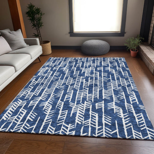 HomeRoots 9' X 12' Navy Blue and Ivory Tribal Area Rug - Durable, Washable, UV-Protected for High-Traffic Spaces 672073