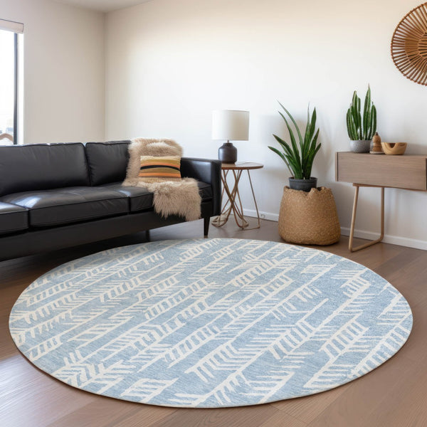 HomeRoots 8' Stylish Sky Blue and Ivory Tribal Round Rug - UV Protected, Stain Resistant, Perfect for Families! 672077