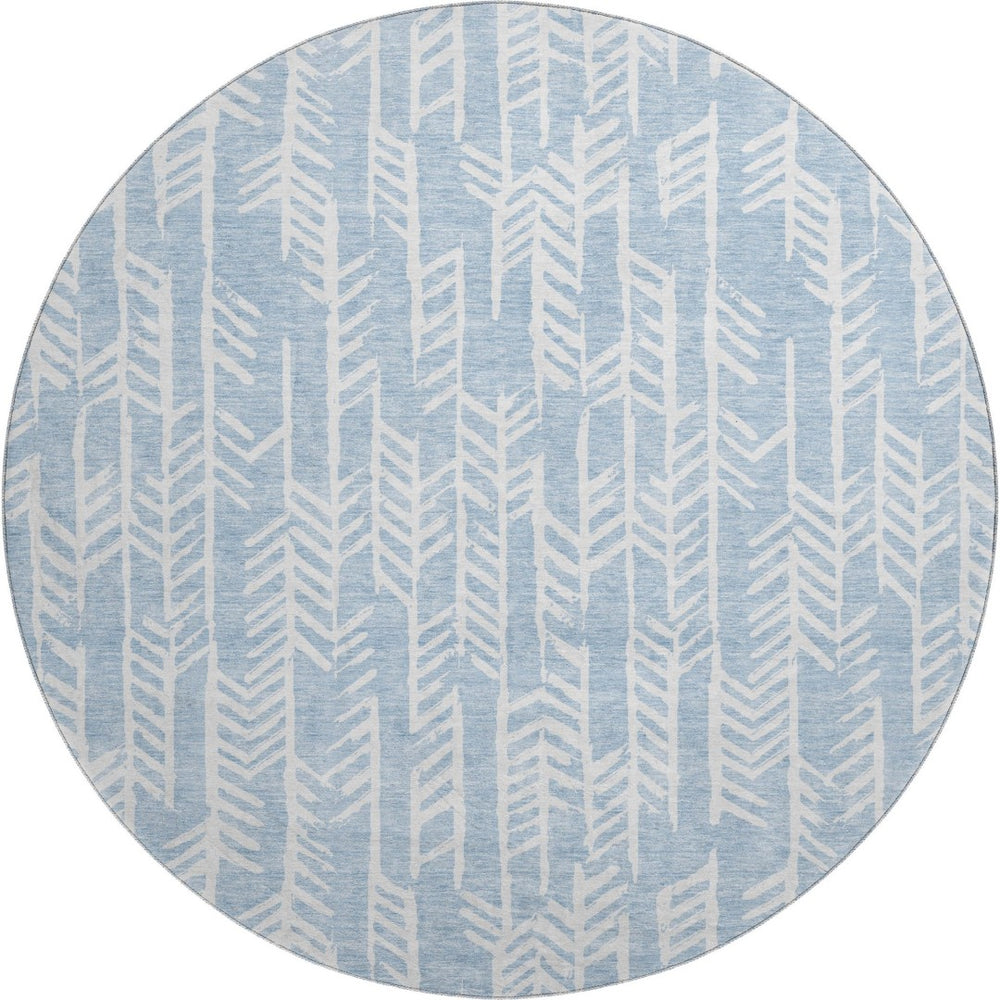 HomeRoots 8' Stylish Sky Blue and Ivory Tribal Round Rug - UV Protected, Stain Resistant, Perfect for Families! 672077