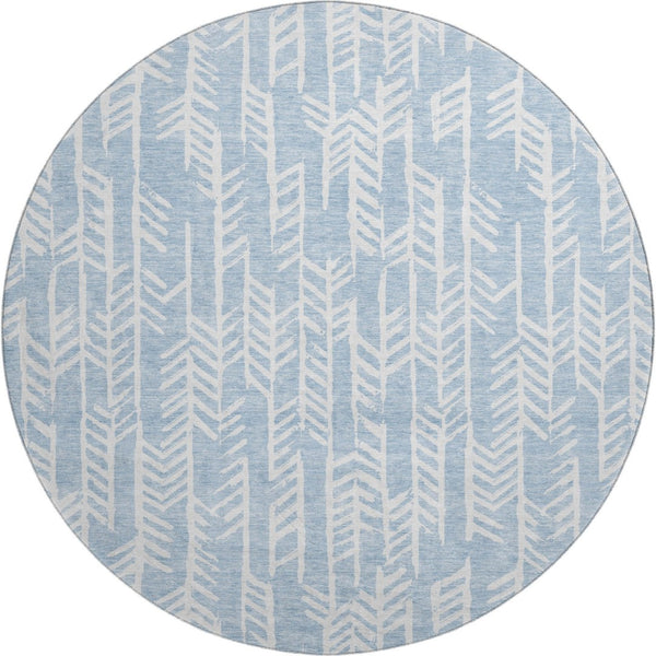 HomeRoots 8' Stylish Sky Blue and Ivory Tribal Round Rug - UV Protected, Stain Resistant, Perfect for Families! 672077