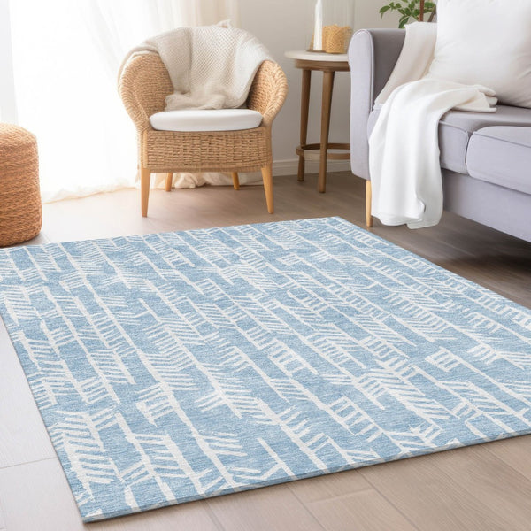 HomeRoots 10' X 14' Sky Blue Ivory Tribal Area Rug – Stylish, Washable, UV-Protected, Perfect for High-Traffic Spaces 672080