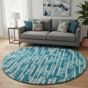 HomeRoots 8' Teal and Ivory Tribal Round Rug – Stylish, Durable, Stain-Resistant with UV Protection for Homes 672089