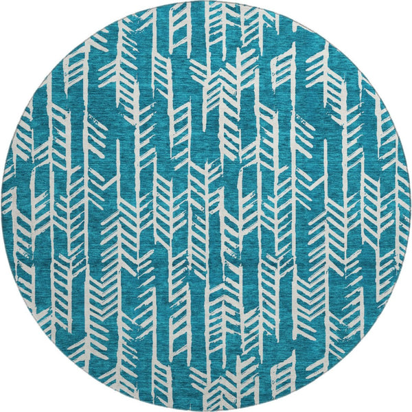 HomeRoots 8' Teal and Ivory Tribal Round Rug – Stylish, Durable, Stain-Resistant with UV Protection for Homes 672089