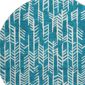 HomeRoots 8' Teal and Ivory Tribal Round Rug – Stylish, Durable, Stain-Resistant with UV Protection for Homes 672089