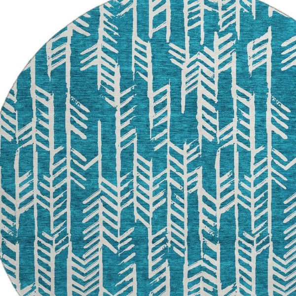 HomeRoots 8' Teal and Ivory Tribal Round Rug – Stylish, Durable, Stain-Resistant with UV Protection for Homes 672089