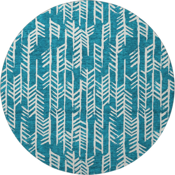 HomeRoots 8' Teal and Ivory Tribal Round Rug – Stylish, Durable, Stain-Resistant with UV Protection for Homes 672089