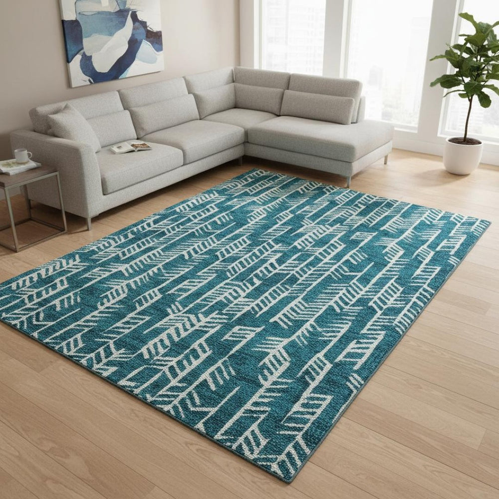 HomeRoots 9' X 12' Teal And Ivory Tribal Area Rug – Washable, UV Protected, Stylish & Durable for Any Space 672091