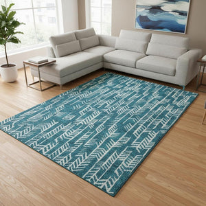 HomeRoots 10' X 14' Teal & Ivory Tribal Area Rug - Durable, Washable, UV-Protected for High-Traffic Spaces 672092
