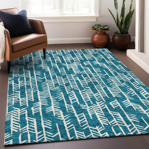 HomeRoots 10' X 14' Teal & Ivory Tribal Area Rug - Durable, Washable, UV-Protected for High-Traffic Spaces 672092