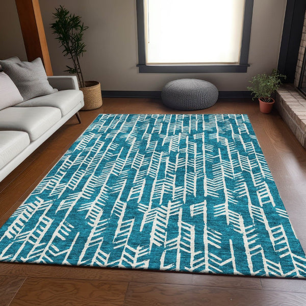 HomeRoots 10' X 14' Teal & Ivory Tribal Area Rug - Durable, Washable, UV-Protected for High-Traffic Spaces 672092