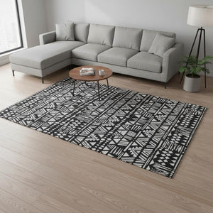 HomeRoots 8' X 10' Black and Ivory Southwestern Washable Area Rug with UV Protection for Busy Homes & Style 672096