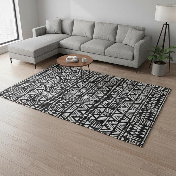 HomeRoots 8' X 10' Black and Ivory Southwestern Washable Area Rug with UV Protection for Busy Homes & Style 672096