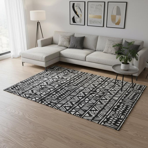 HomeRoots 9' X 12' Black and Ivory Southwestern Area Rug - Durable, Stain-Resistant, UV Protected for Homes 672097