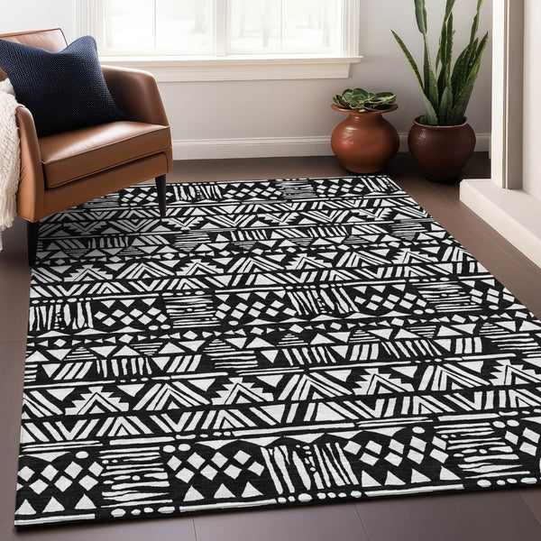 HomeRoots 9' X 12' Black and Ivory Southwestern Area Rug - Durable, Stain-Resistant, UV Protected for Homes 672097