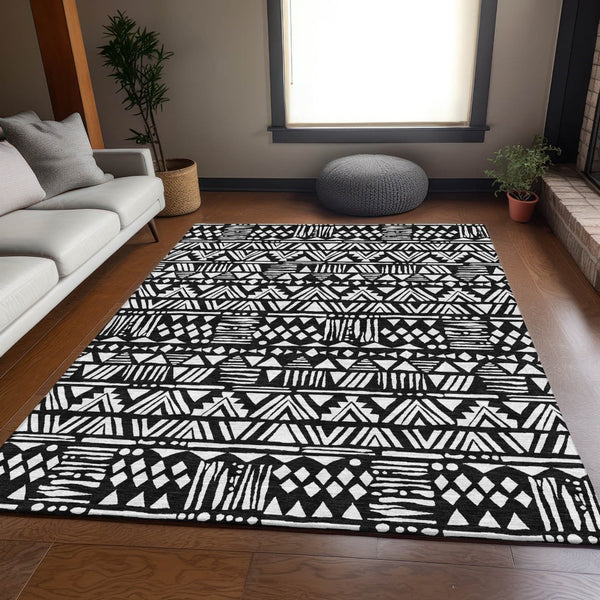 HomeRoots 9' X 12' Black and Ivory Southwestern Area Rug - Durable, Stain-Resistant, UV Protected for Homes 672097