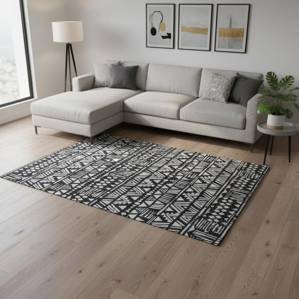 HomeRoots 10' X 14' Southwestern Black and Ivory Washable Area Rug with UV Protection for High-Traffic Spaces 672098