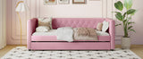 English Elm Twin Size Tufted Upholstered Daybed With Trundle, Velvet Sofabed With Rivet Design, No Box-Spring Needed,Pink