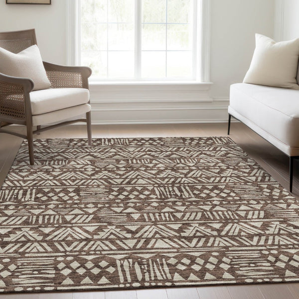 HomeRoots 9' X 12' Southwestern Area Rug in Brown & Beige - Washable, Stain-Resistant, UV Protected Design 672103