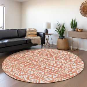 HomeRoots 8' Coral and Beige Southwestern Round Rug - Washable, UV-Protected, Stylish for Homes and Patios 672107