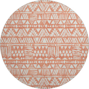 HomeRoots 8' Coral and Beige Southwestern Round Rug - Washable, UV-Protected, Stylish for Homes and Patios 672107