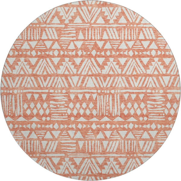 HomeRoots 8' Coral and Beige Southwestern Round Rug - Washable, UV-Protected, Stylish for Homes and Patios 672107