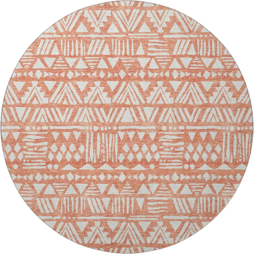 HomeRoots 8' Coral and Beige Southwestern Round Rug - Washable, UV-Protected, Stylish for Homes and Patios 672107