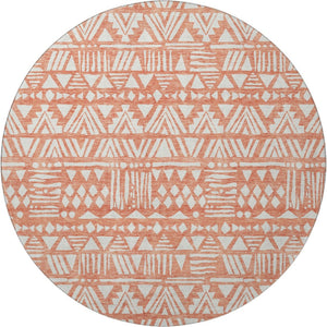 HomeRoots 8' Coral and Beige Southwestern Round Rug - Washable, UV-Protected, Stylish for Homes and Patios 672107