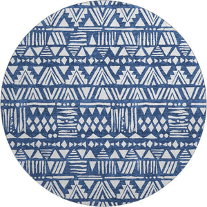 HomeRoots 8' Navy Blue and Ivory Southwestern Round Rug - Washable, UV Protected for High-Traffic Areas! 672125