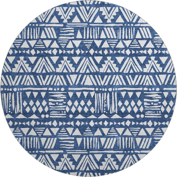 HomeRoots 8' Navy Blue and Ivory Southwestern Round Rug - Washable, UV Protected for High-Traffic Areas! 672125