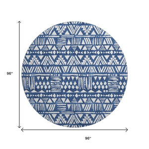 HomeRoots 8' Navy Blue and Ivory Southwestern Round Rug - Washable, UV Protected for High-Traffic Areas! 672125