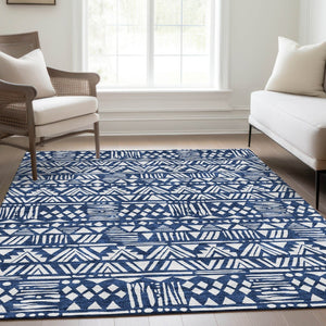 HomeRoots 8' X 10' Southwestern Washable Area Rug - Navy Blue & Ivory, UV Protected, Stain Resistant Design 672126