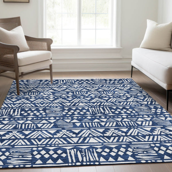 HomeRoots 8' X 10' Southwestern Washable Area Rug - Navy Blue & Ivory, UV Protected, Stain Resistant Design 672126