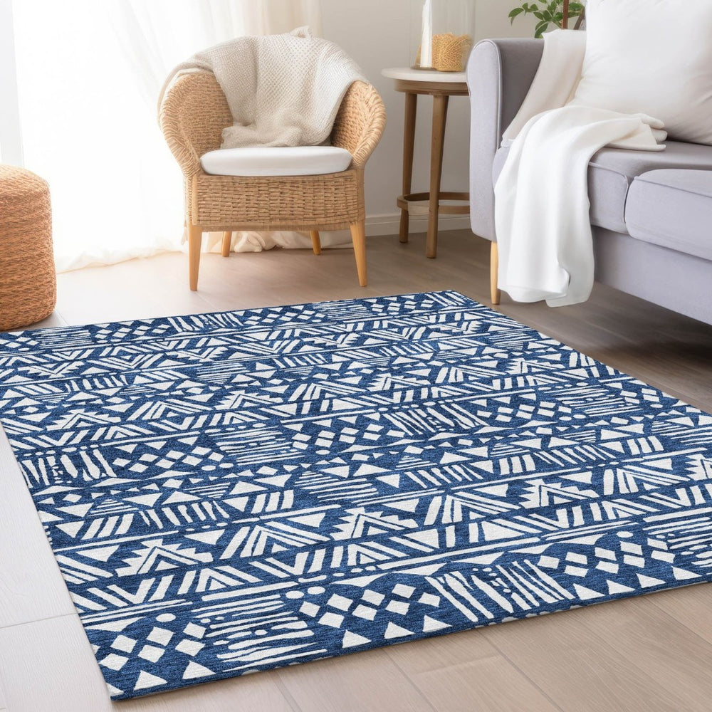 HomeRoots 9' X 12' Southwest-Inspired Navy Blue & Ivory Area Rug – Washable, Stain-Resistant, UV Protected! 672127
