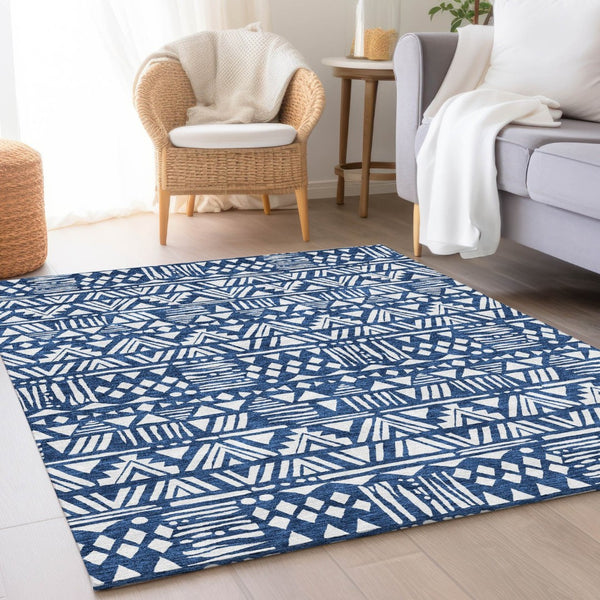 HomeRoots 9' X 12' Southwest-Inspired Navy Blue & Ivory Area Rug – Washable, Stain-Resistant, UV Protected! 672127