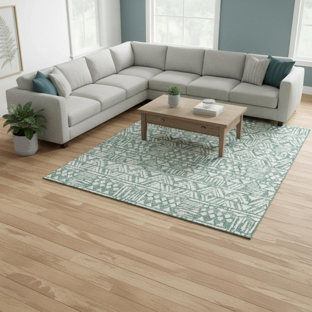 HomeRoots 8' X 10' Sage and Ivory Southwestern Area Rug - Washable, UV-Resistant, Stain-Repellent, Durable Design 672132