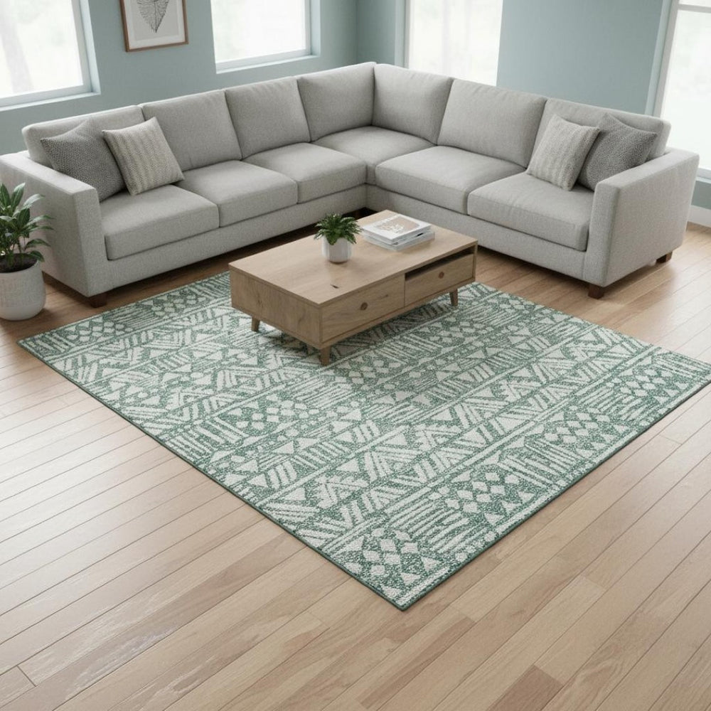 HomeRoots 9' X 12' Sage and Ivory Southwestern Area Rug – Washable, UV-Protected, Durable for Family Spaces 672133