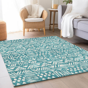 HomeRoots 5' X 8' Teal And Ivory Southwestern Area Rug - Durable, Washable, UV Protected, Stain Resistant Design 672136