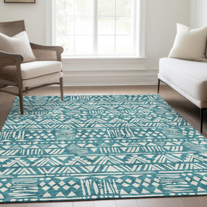 HomeRoots 5' X 8' Teal And Ivory Southwestern Area Rug - Durable, Washable, UV Protected, Stain Resistant Design 672136