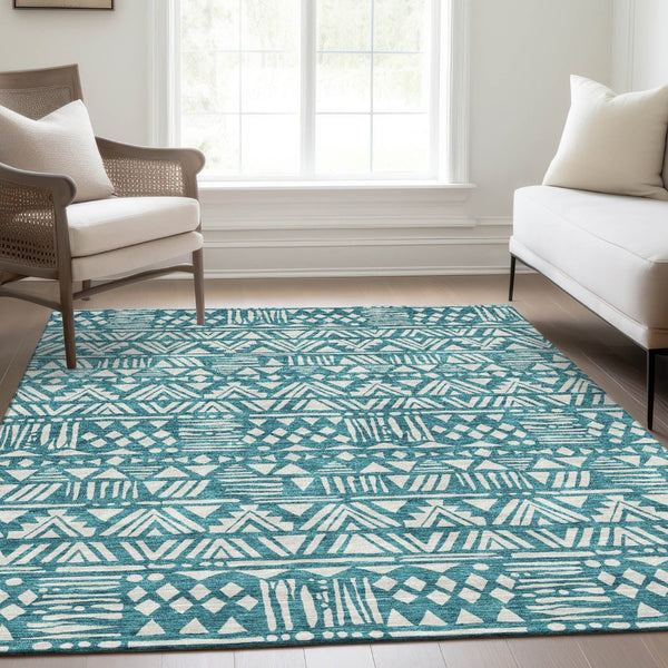HomeRoots 5' X 8' Teal And Ivory Southwestern Area Rug - Durable, Washable, UV Protected, Stain Resistant Design 672136