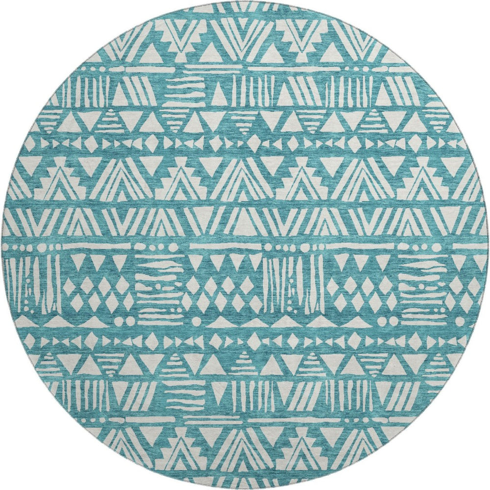 HomeRoots 8' Teal and Ivory Southwestern Round Rug - Washable, UV-Protected, Stylish & Non-Slip Design 672137